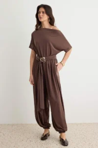 TRENDYOLMİLLA Brown relaxed Boat Neck Short Arched Wide Leg LONG Modal Premium Knitting Jumpsuit