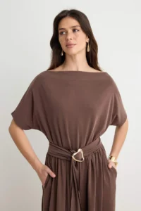 TRENDYOLMİLLA Brown relaxed Boat Neck Short Arched Wide Leg LONG Modal Premium Knitting Jumpsuit - Image 2