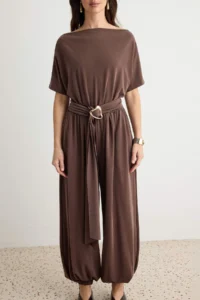 TRENDYOLMİLLA Brown relaxed Boat Neck Short Arched Wide Leg LONG Modal Premium Knitting Jumpsuit - Image 3