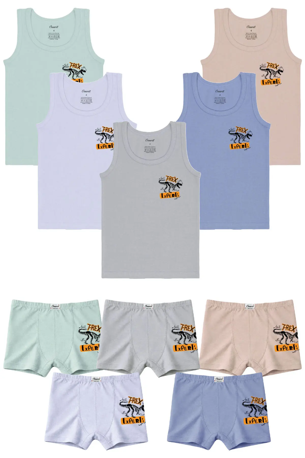 Onurel Boy's 5-Pack Mixed Color Dinosaur Printed Lycra Undershirt Boxer Set
