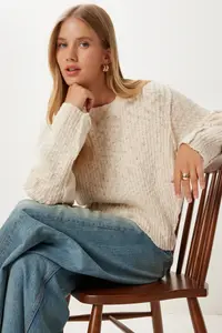 Happiness İstanbul Women Cream textured Knitwear Sweater