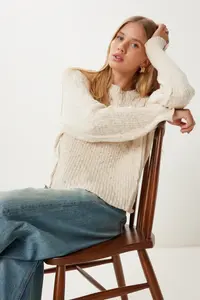 Happiness İstanbul Women Cream textured Knitwear Sweater - Image 2