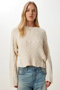 Happiness İstanbul Women Cream textured Knitwear Sweater - Image 3