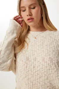 Happiness İstanbul Women Cream textured Knitwear Sweater - Image 5