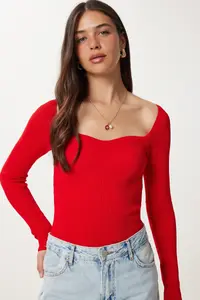 Happiness İstanbul Women's Red Heart Collar Ribbed Knitwear Sweater - Image 2