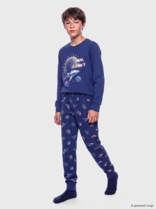 LC Waikiki Navy Blue LCW KidsBisiklet Collar Printed Boys' Pajamas Set