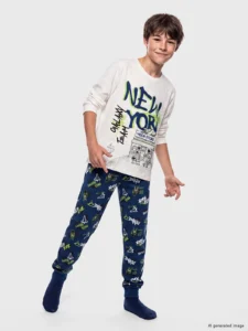 LC Waikiki Ecru LCW KidsNew York Printed Boys' Pajamas Set
