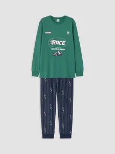 LC Waikiki Green LCW KidsBisiklet Collar Boys' Printed Pajamas Set