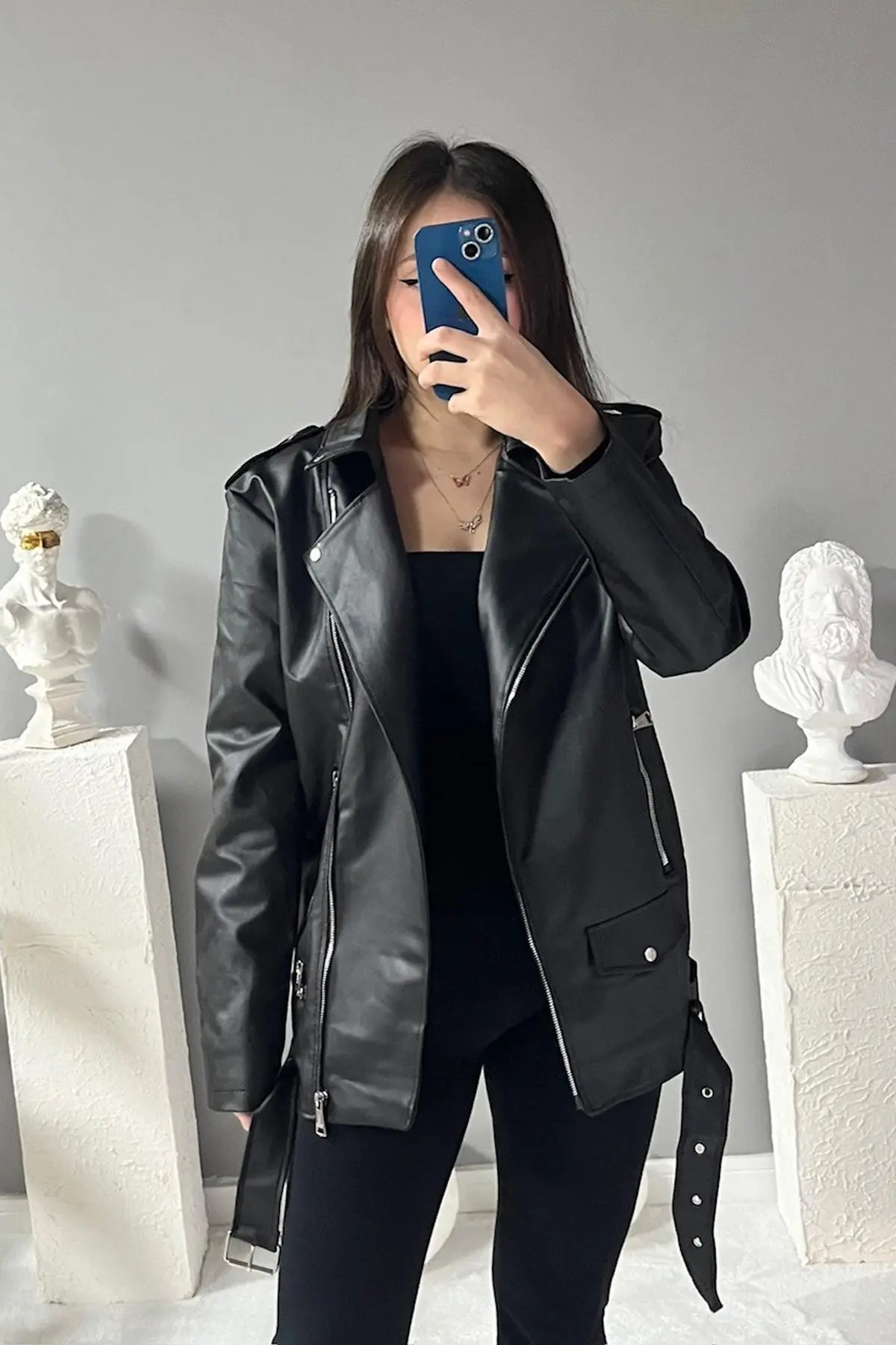 Jaglion Elvera Oversized LONG Women Black Leather Jacket