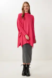 Happiness İstanbul Women's Dark Pink Side Slit Oversize Poncho Sweater