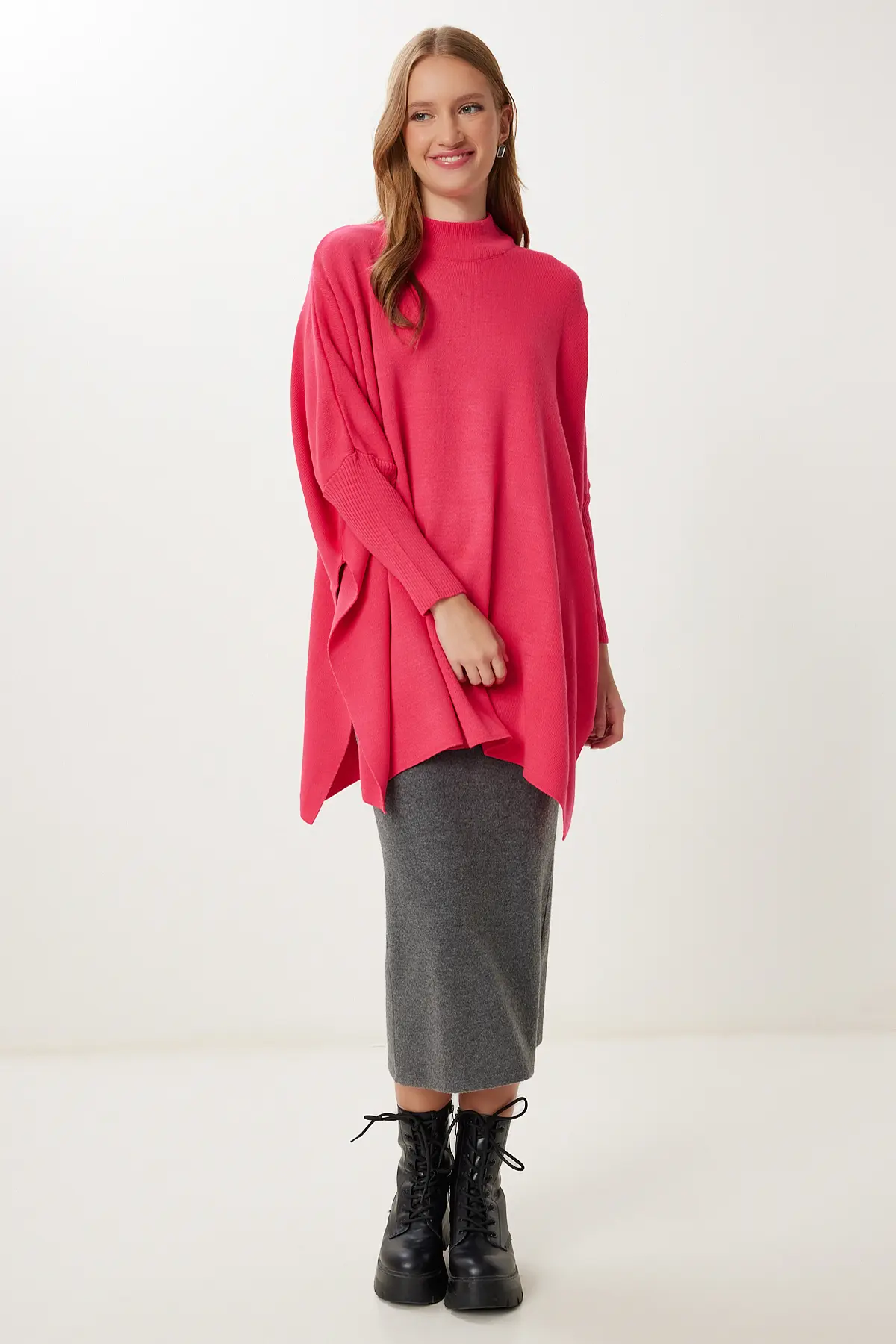 Happiness İstanbul Women's Dark Pink Side Slit Oversize Poncho Sweater