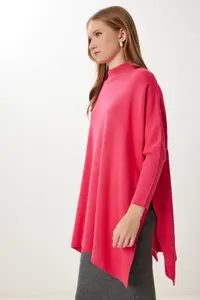 Happiness İstanbul Women's Dark Pink Side Slit Oversize Poncho Sweater - Image 3