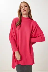 Happiness İstanbul Women's Dark Pink Side Slit Oversize Poncho Sweater - Image 4