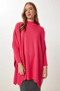 Happiness İstanbul Women's Dark Pink Side Slit Oversize Poncho Sweater - Image 5