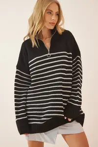 Happiness İstanbul Women's Black Zippered High Collar Striped Oversize Sweater - Image 2