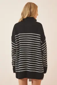 Happiness İstanbul Women's Black Zippered High Collar Striped Oversize Sweater - Image 3