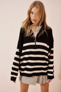 Happiness İstanbul Women's Black Zippered High Collar Striped Oversize Sweater - Image 2