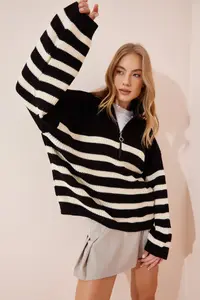 Happiness İstanbul Women's Black Zippered High Collar Striped Oversize Sweater - Image 3