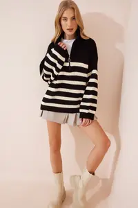 Happiness İstanbul Women's Black Zippered High Collar Striped Oversize Sweater - Image 4