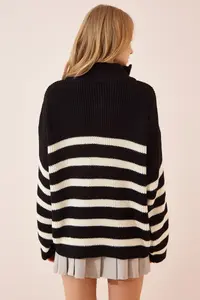 Happiness İstanbul Women's Black Zippered High Collar Striped Oversize Sweater - Image 5