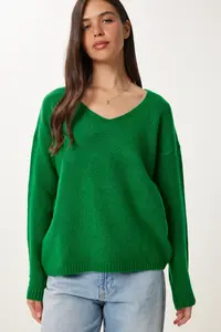 Happiness İstanbul Women Green V-neck Knitwear Sweater - Image 3