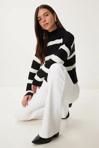 Happiness İstanbul Women Black High Neck Striped Knitwear Sweater