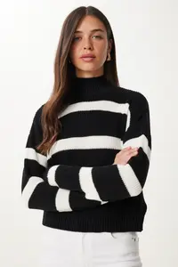 Happiness İstanbul Women Black High Neck Striped Knitwear Sweater - Image 2