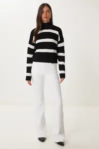 Happiness İstanbul Women Black High Neck Striped Knitwear Sweater - Image 3