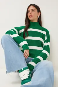 Happiness İstanbul Women Green High Neck Striped Knitwear Sweater