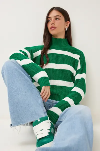 Happiness İstanbul Women Green High Neck Striped Knitwear Sweater