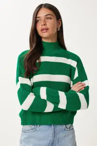 Happiness İstanbul Women Green High Neck Striped Knitwear Sweater - Image 2