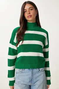 Happiness İstanbul Women Green High Neck Striped Knitwear Sweater - Image 3