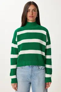 Happiness İstanbul Women Green High Neck Striped Knitwear Sweater - Image 4