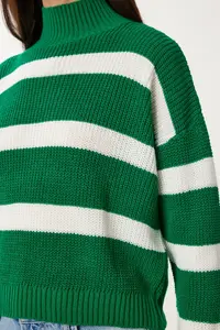 Happiness İstanbul Women Green High Neck Striped Knitwear Sweater - Image 5