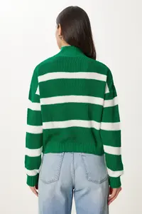 Happiness İstanbul Women Green High Neck Striped Knitwear Sweater - Image 6