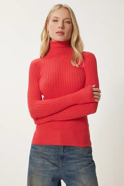 Happiness İstanbul Women's Dark Orange Turtleneck Ribbed Basic Sweater