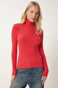 Happiness İstanbul Women's Dark Orange Turtleneck Ribbed Basic Sweater - Image 3