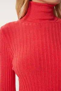 Happiness İstanbul Women's Dark Orange Turtleneck Ribbed Basic Sweater - Image 4
