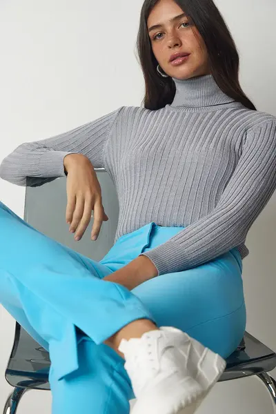 Happiness İstanbul Women Gray Turtleneck Ribbed Basic Sweater