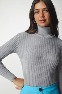 Happiness İstanbul Women Gray Turtleneck Ribbed Basic Sweater - Image 2