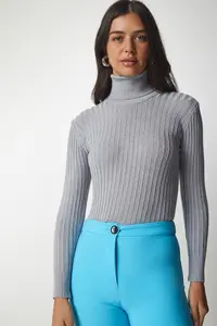 Happiness İstanbul Women Gray Turtleneck Ribbed Basic Sweater - Image 3