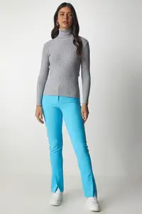 Happiness İstanbul Women Gray Turtleneck Ribbed Basic Sweater - Image 4