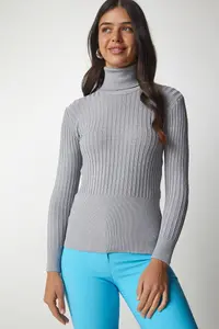 Happiness İstanbul Women Gray Turtleneck Ribbed Basic Sweater - Image 5