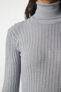 Happiness İstanbul Women Gray Turtleneck Ribbed Basic Sweater - Image 6