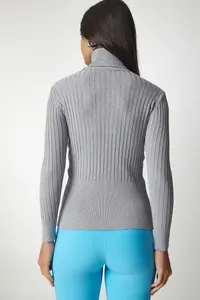Happiness İstanbul Women Gray Turtleneck Ribbed Basic Sweater - Image 7