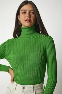 Happiness İstanbul Women's Light Green Turtleneck Ribbed Basic Sweater - Image 3