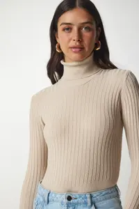 Happiness İstanbul Women's Latte Turtleneck Ribbed Basic Sweater