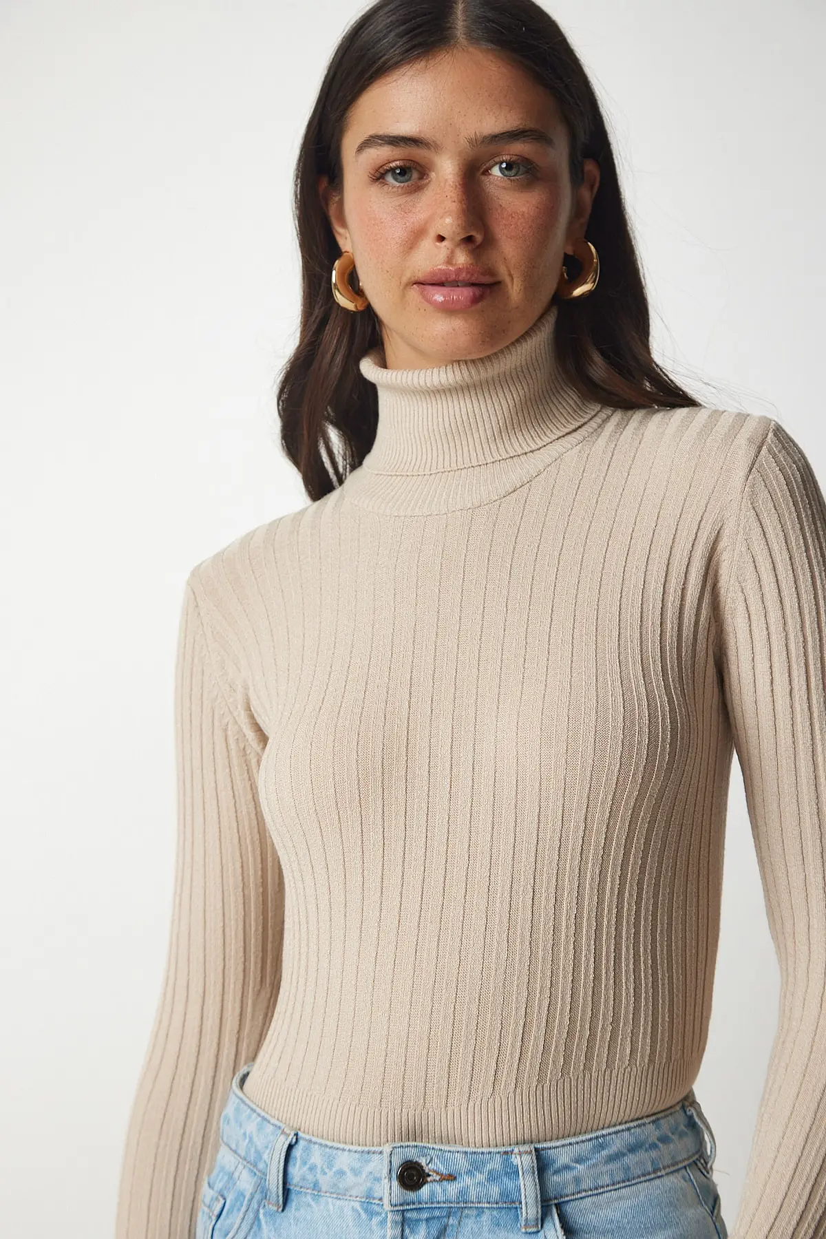 Happiness İstanbul Women's Latte Turtleneck Ribbed Basic Sweater