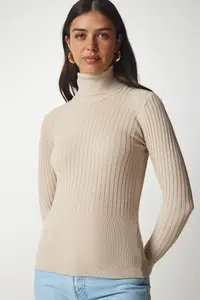 Happiness İstanbul Women's Latte Turtleneck Ribbed Basic Sweater - Image 3