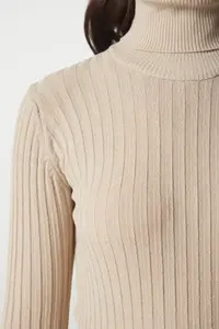 Happiness İstanbul Women's Latte Turtleneck Ribbed Basic Sweater - Image 4